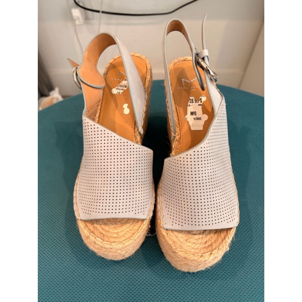 Marc Fisher Perforated Light Blue Leather Slingback Espadrille Wedge
